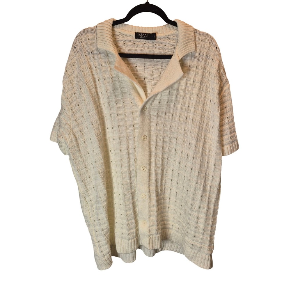 BoohooMAN Mens Knit Polo Shirt Off White‎ Button Down Pointelle Cardigan Sweater